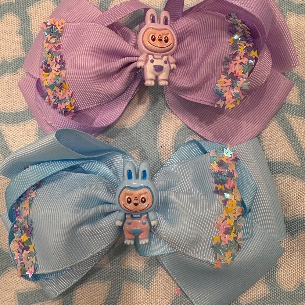 Purple and Blue Handmade Bow Hair Clips with Labubu Bunny Design